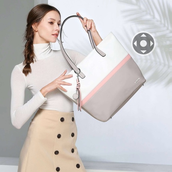 Brand New Pomelo's Best Faux Leather Tote - P9ink/White/Gray with Zippered Top - Picture 2 of 8